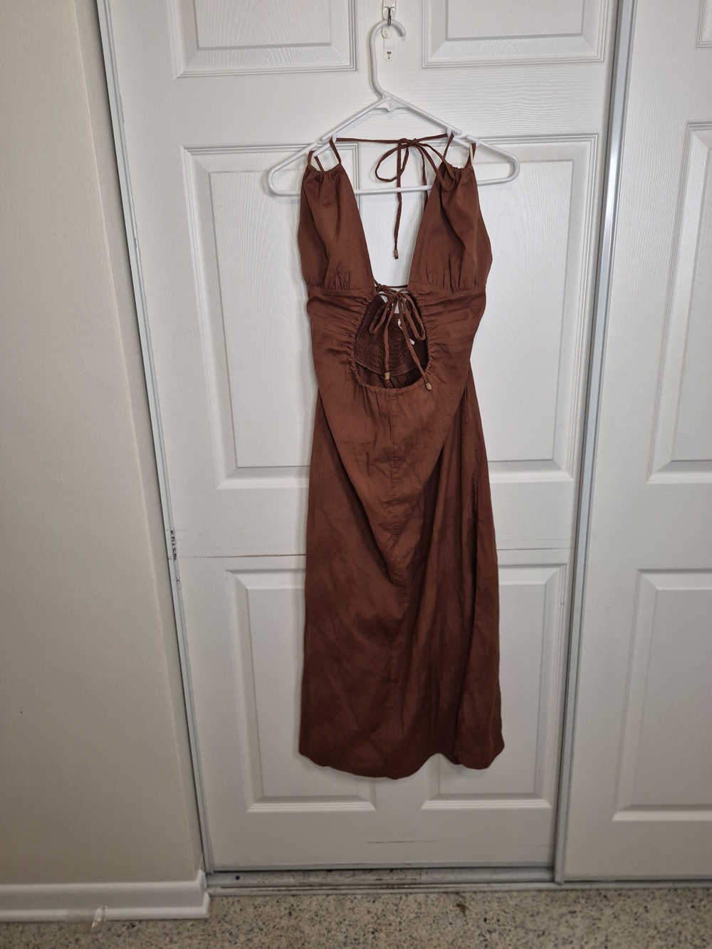 Free People Rust Brown Maxi Dress with Open Front And Smoked Back.